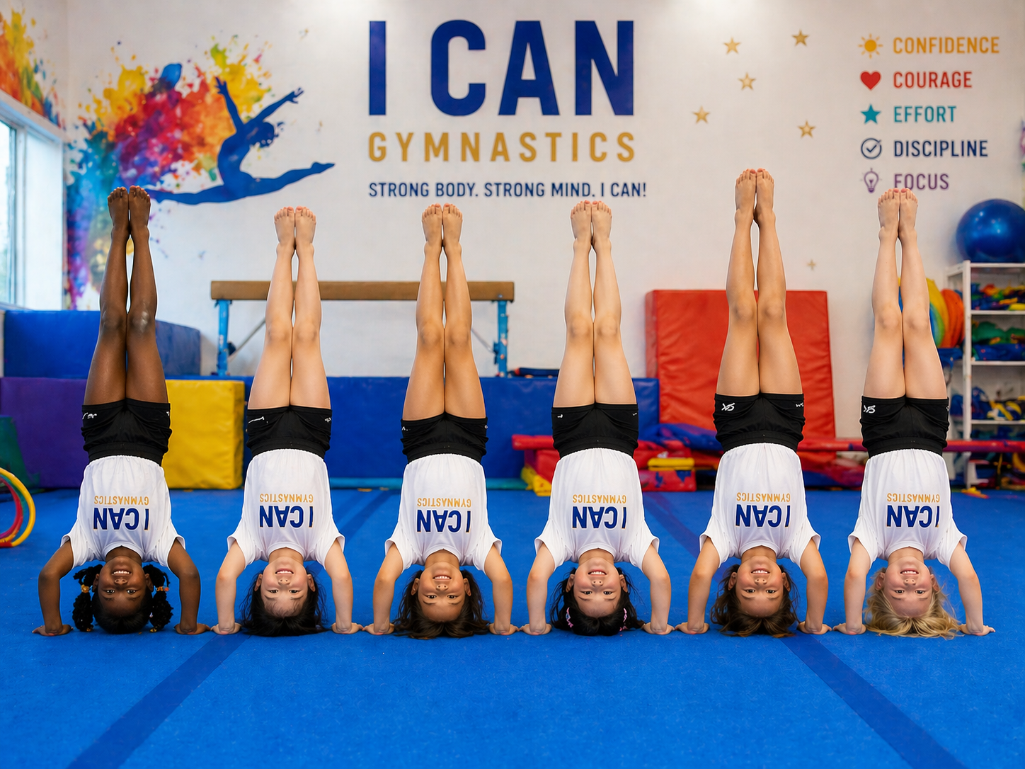 Child practicing handstand in a sunlit gym